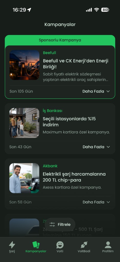 Kampanyalar listesi ve kampanya kartları