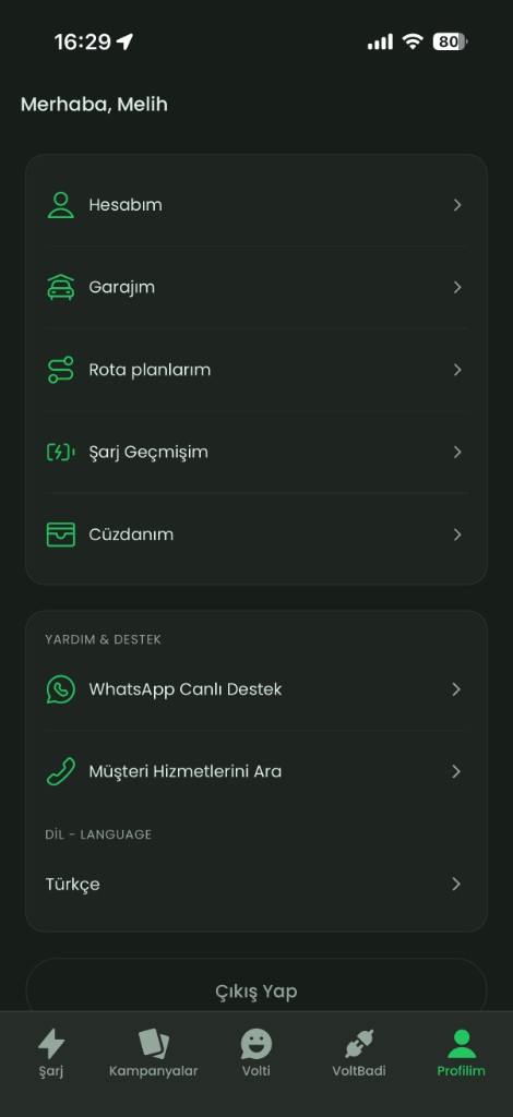 Profilim menüsü ve yardım seçenekleri