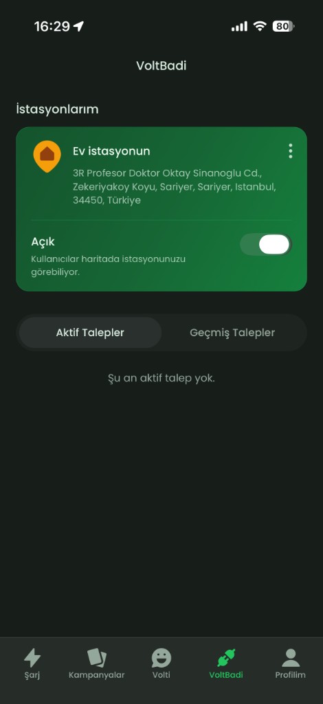VoltBadi ev istasyonu kartı ve talepler